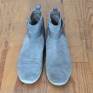 Vionic Gray Suede Ankle Booties with Leather Strap & Side Buckle